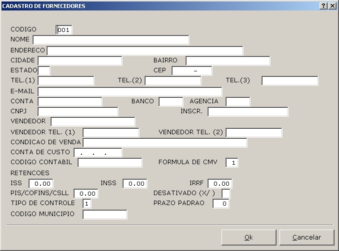 Cadastros Gerais - Cadastro de fornecedores (insert)