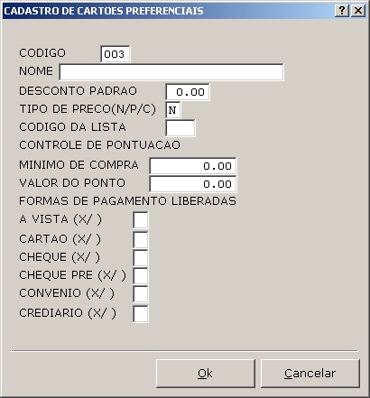 Cadastro de cartões preferenciais (insert)